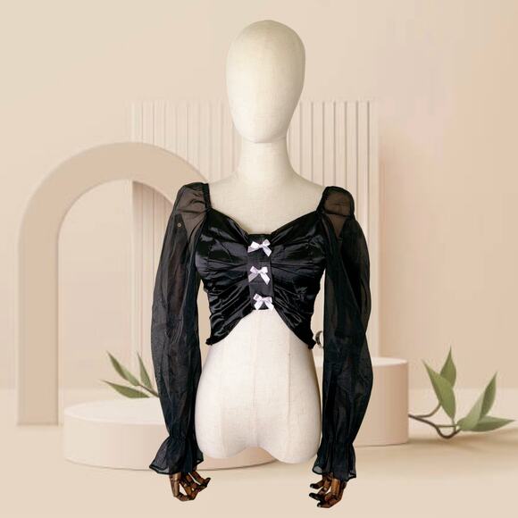 Women's French Long Sleeve Crop Blouse in Satin (Black) - Picture 2 of 7